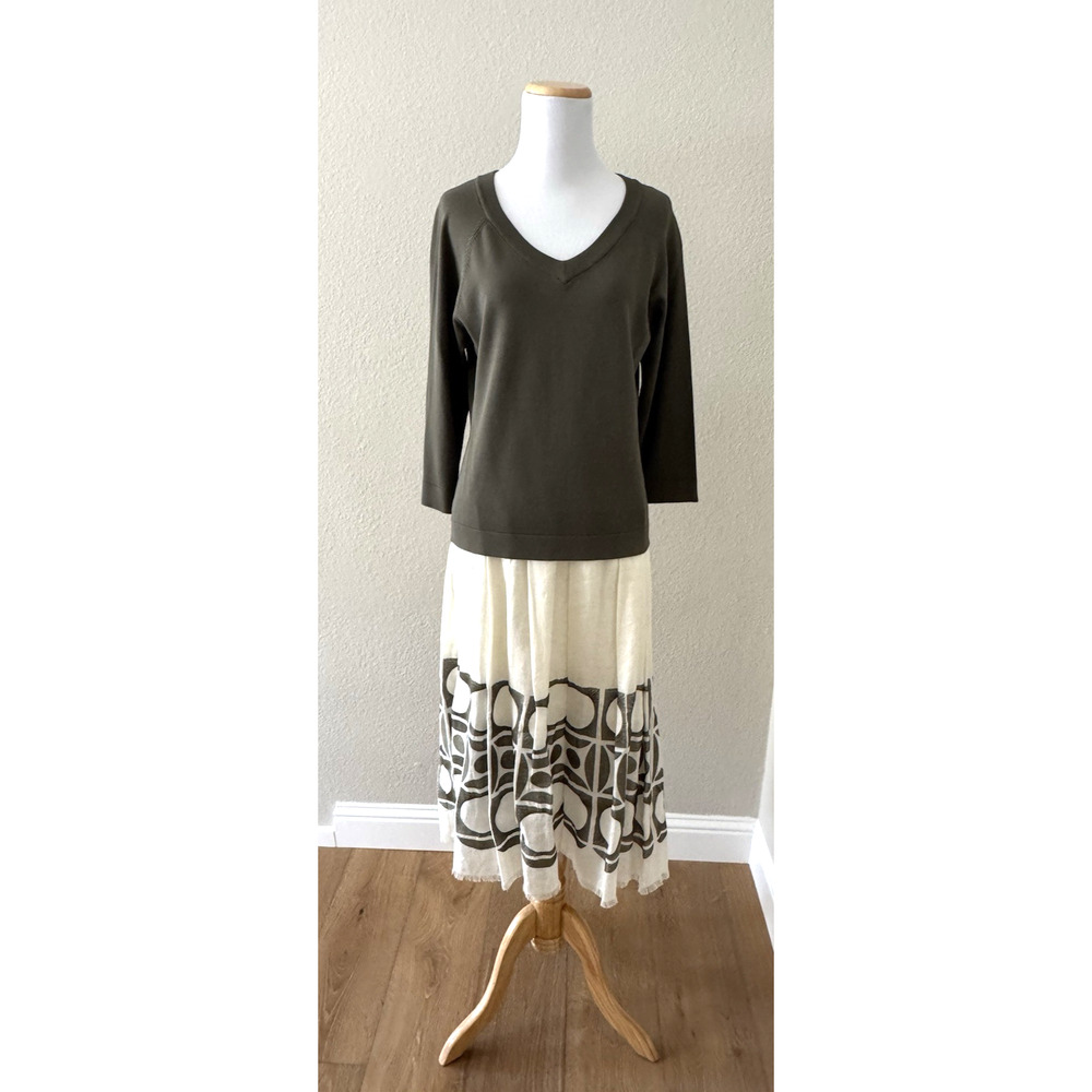 Per Se 3-Piece Skirt Set M Top Cropped Cardigan Ivory Olive Green Linen Silk